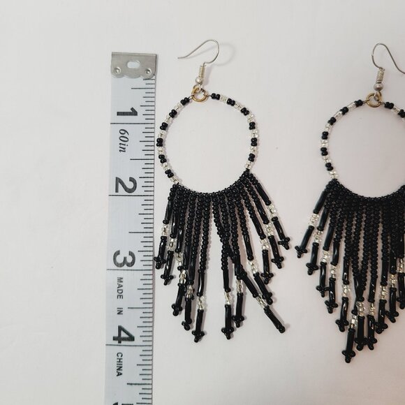 Black & Silver Beaded Hoop Fringe Earrings | Handmade in Mexico | Boho Chic - Picture 3 of 3